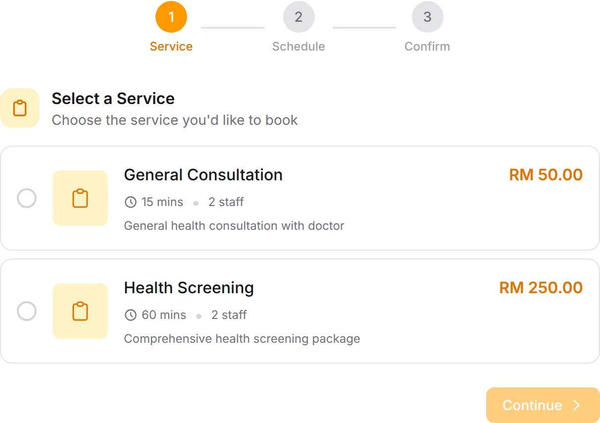 Medical Clinic booking form: General Consultation, Health Screening