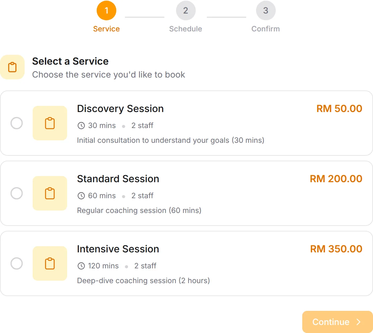 Private Coaching booking form: Discovery Session, Standard Session, Intensive Session