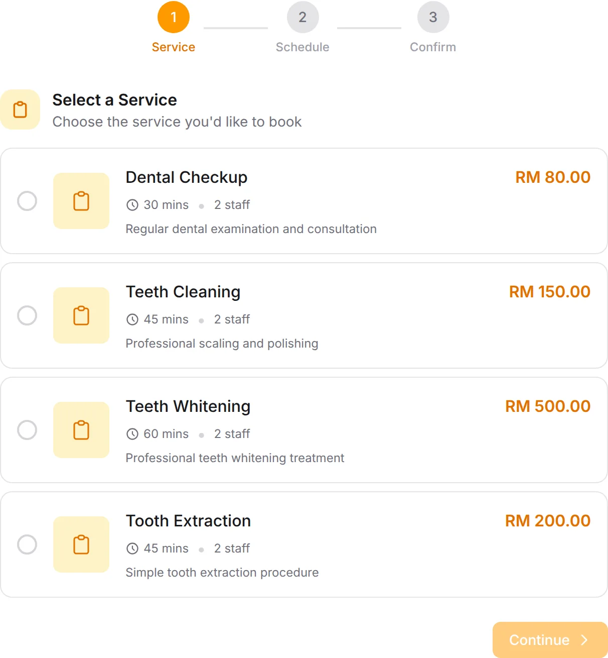 Dental Clinic booking form: Dental Checkup, Teeth Cleaning, Teeth Whitening, Tooth Extraction
