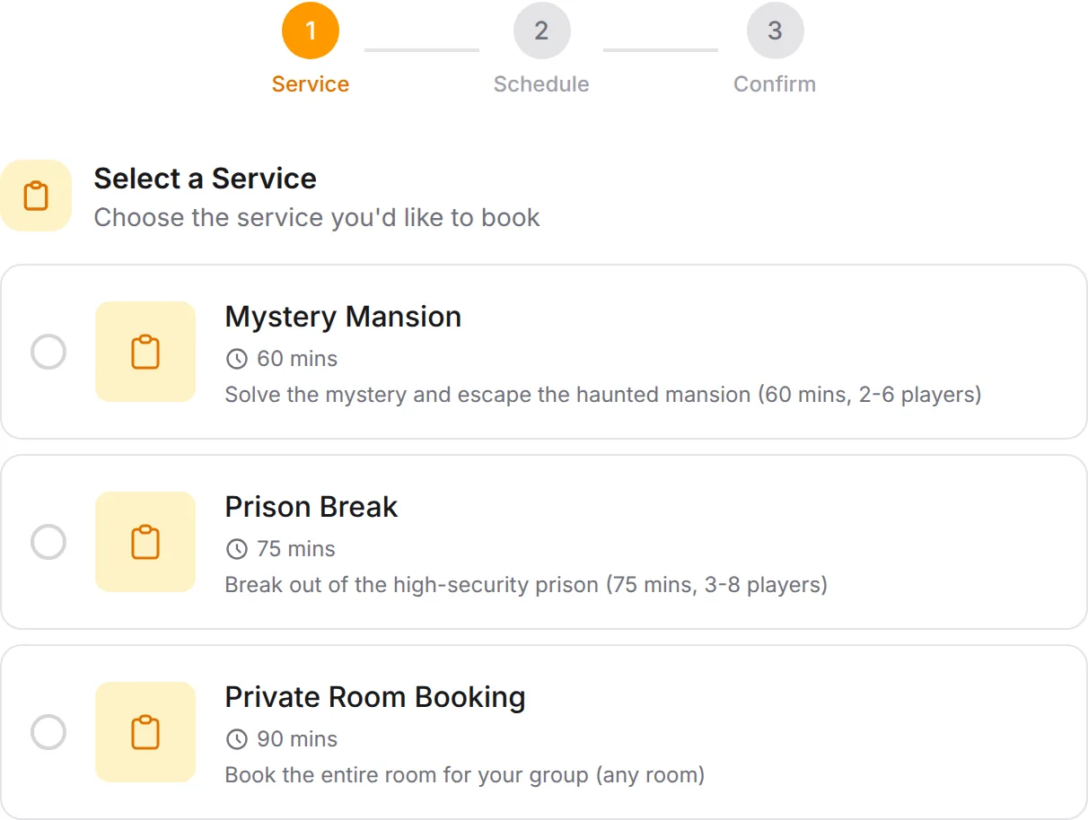 Escape Room booking form: Mystery Mansion, Prison Break, Private Room Booking