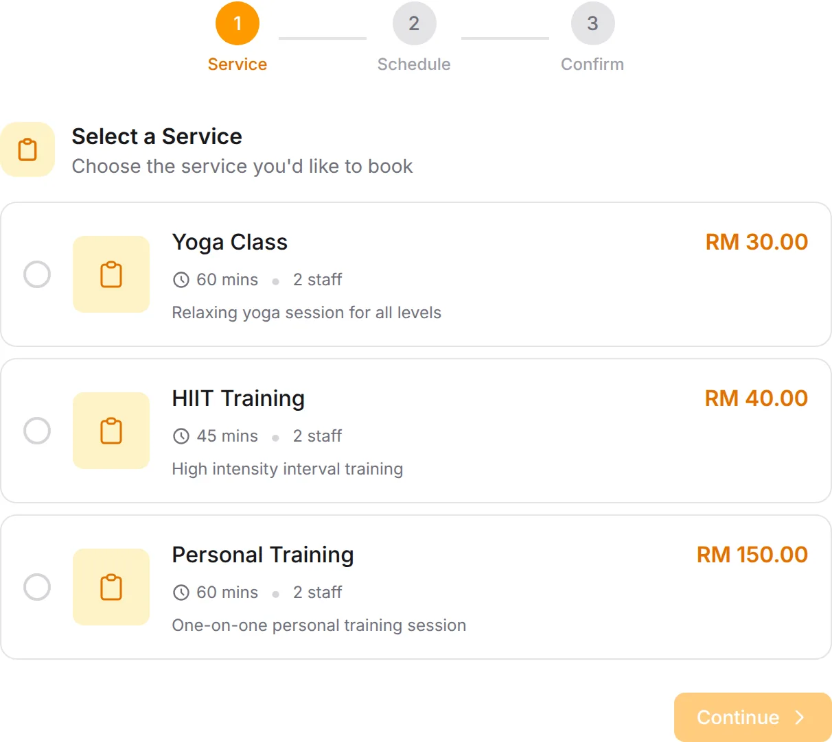 Fitness Class booking form: Yoga Class, HIIT Training, Personal Training