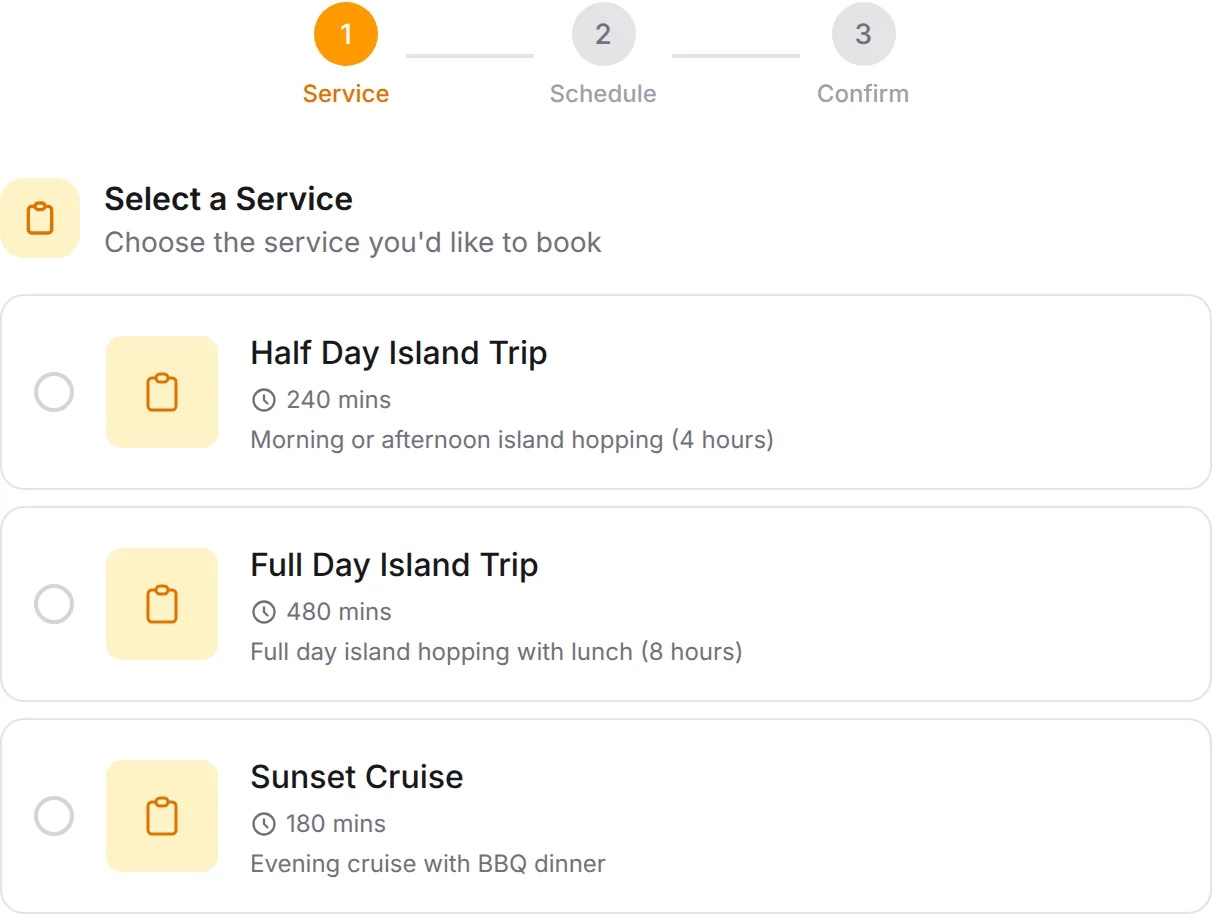 Boat Tour & Island Trip booking form: Half Day Island Trip, Full Day Island Trip, Sunset Cruise