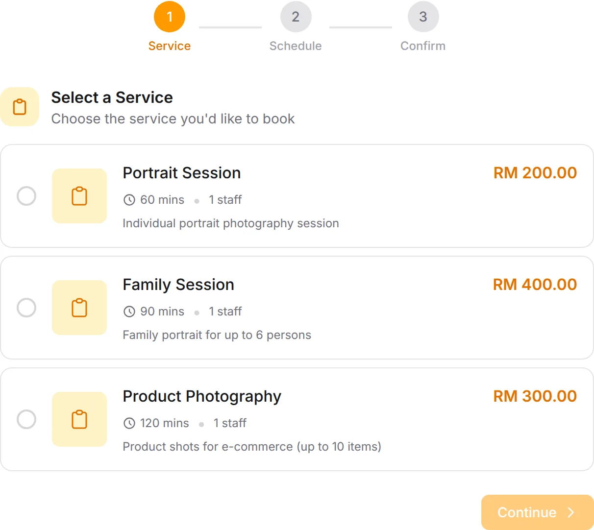 Photography Studio booking form: Portrait Session, Family Session, Product Photography