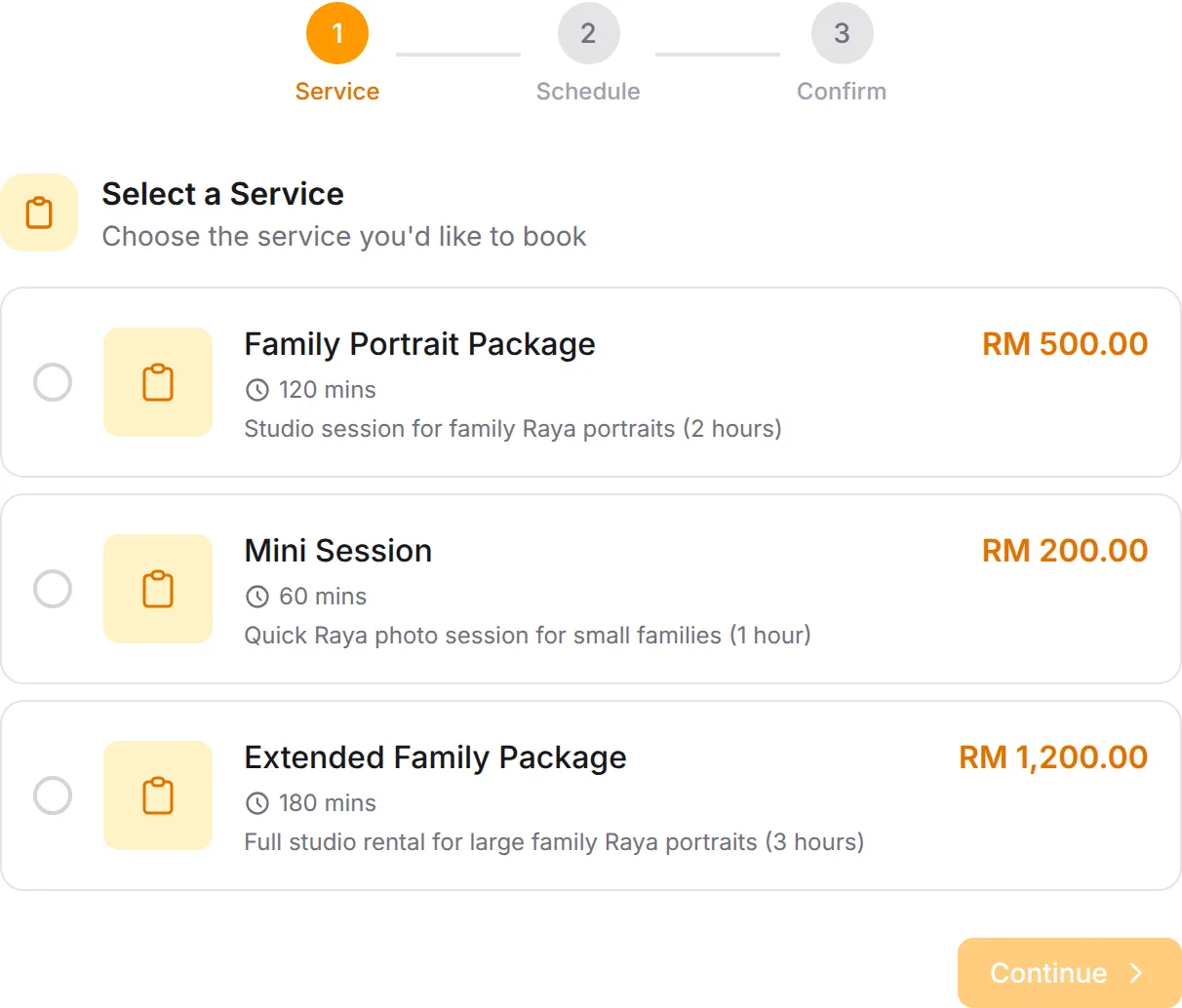 Studio for Raya Shoot booking form: Family Portrait Package, Mini Session, Extended Family Package