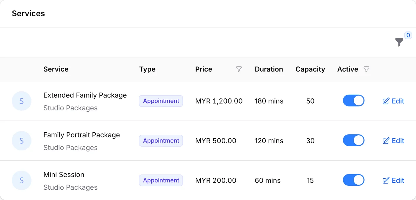 Services created by the Studio for Raya Shoot template