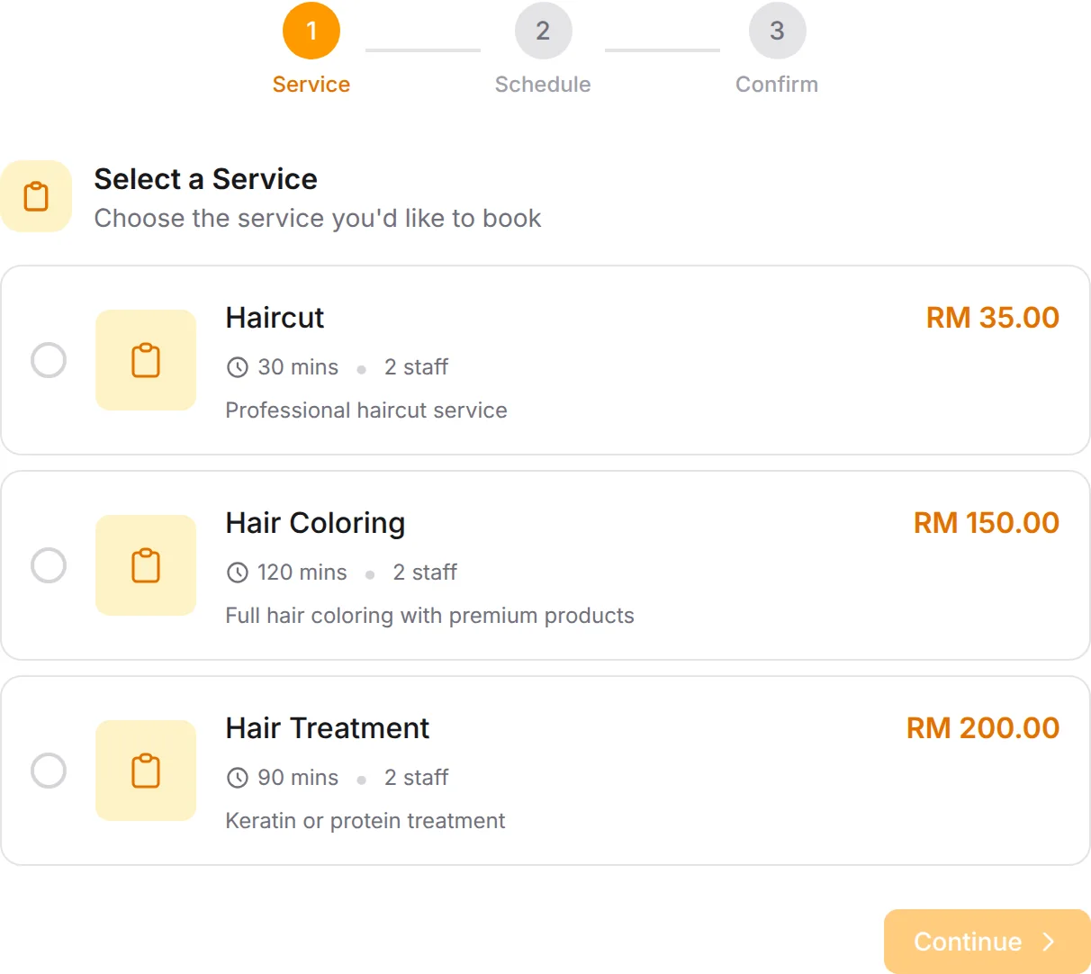 Hair Salon booking form: Haircut, Hair Coloring, Hair Treatment
