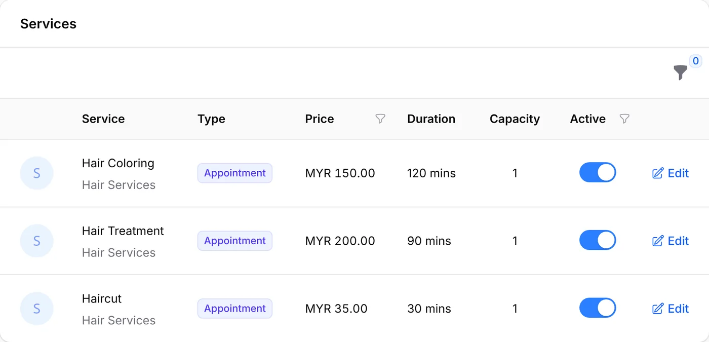 Services created by the Hair Salon template