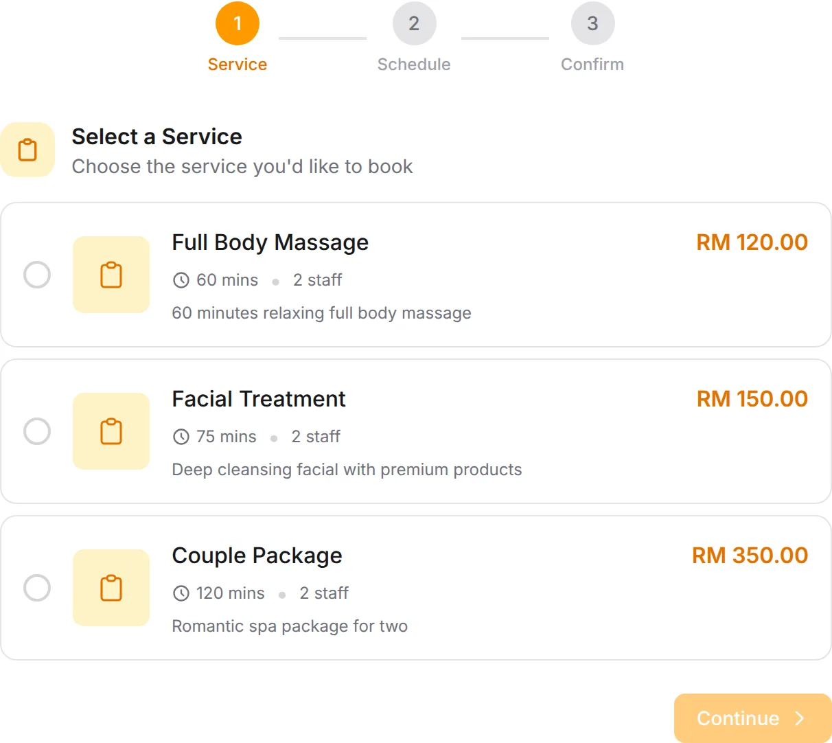 Spa & Wellness booking form: Full Body Massage, Facial Treatment, Couple Package