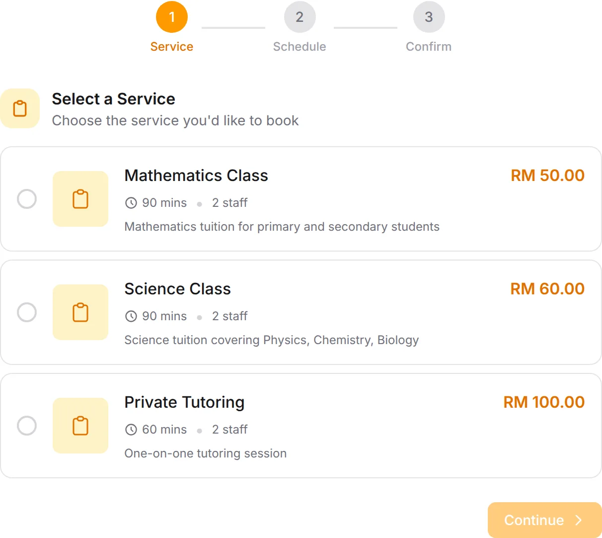 Tuition Center booking form: Mathematics Class, Science Class, Private Tutoring